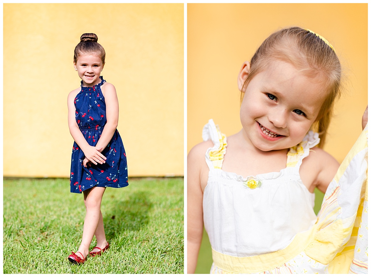 A yellow wall and toddler portraits