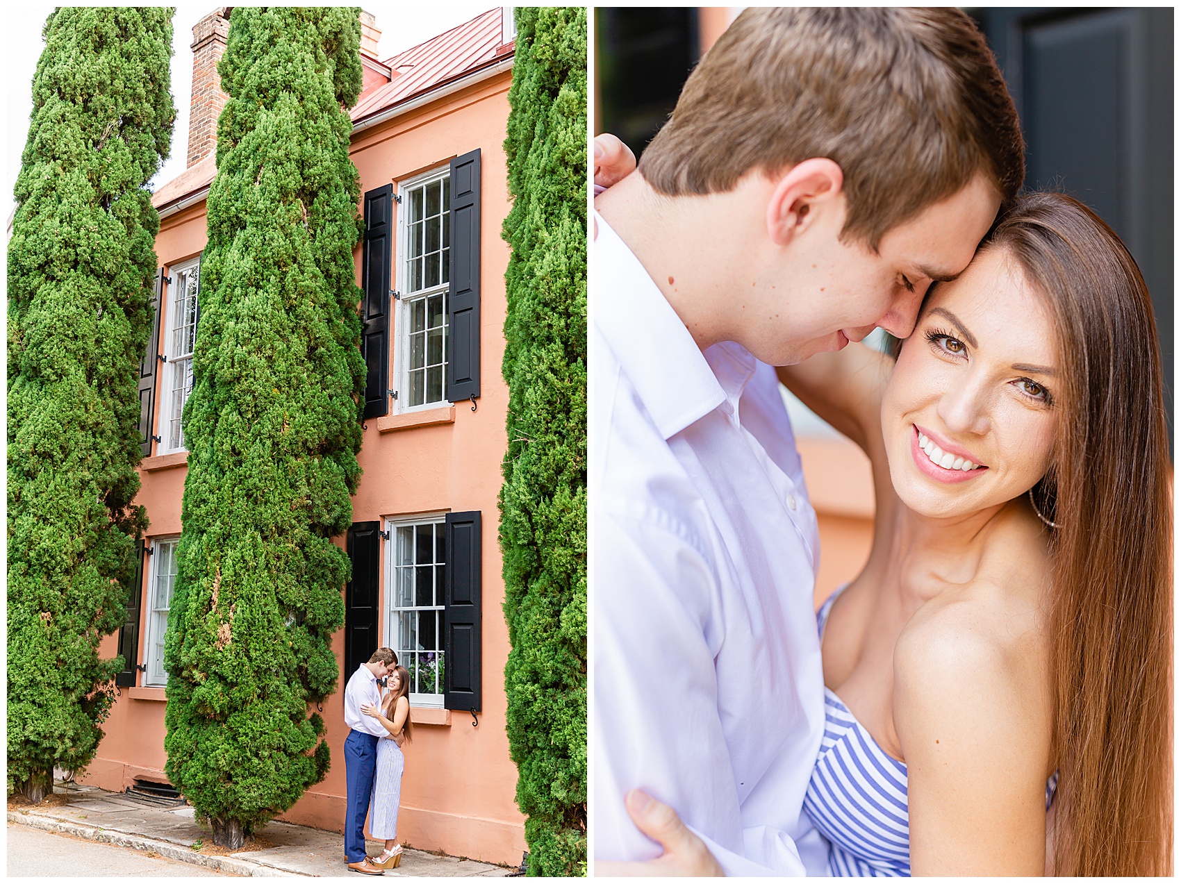 Engagement photos in a French style street in downtown Charleston