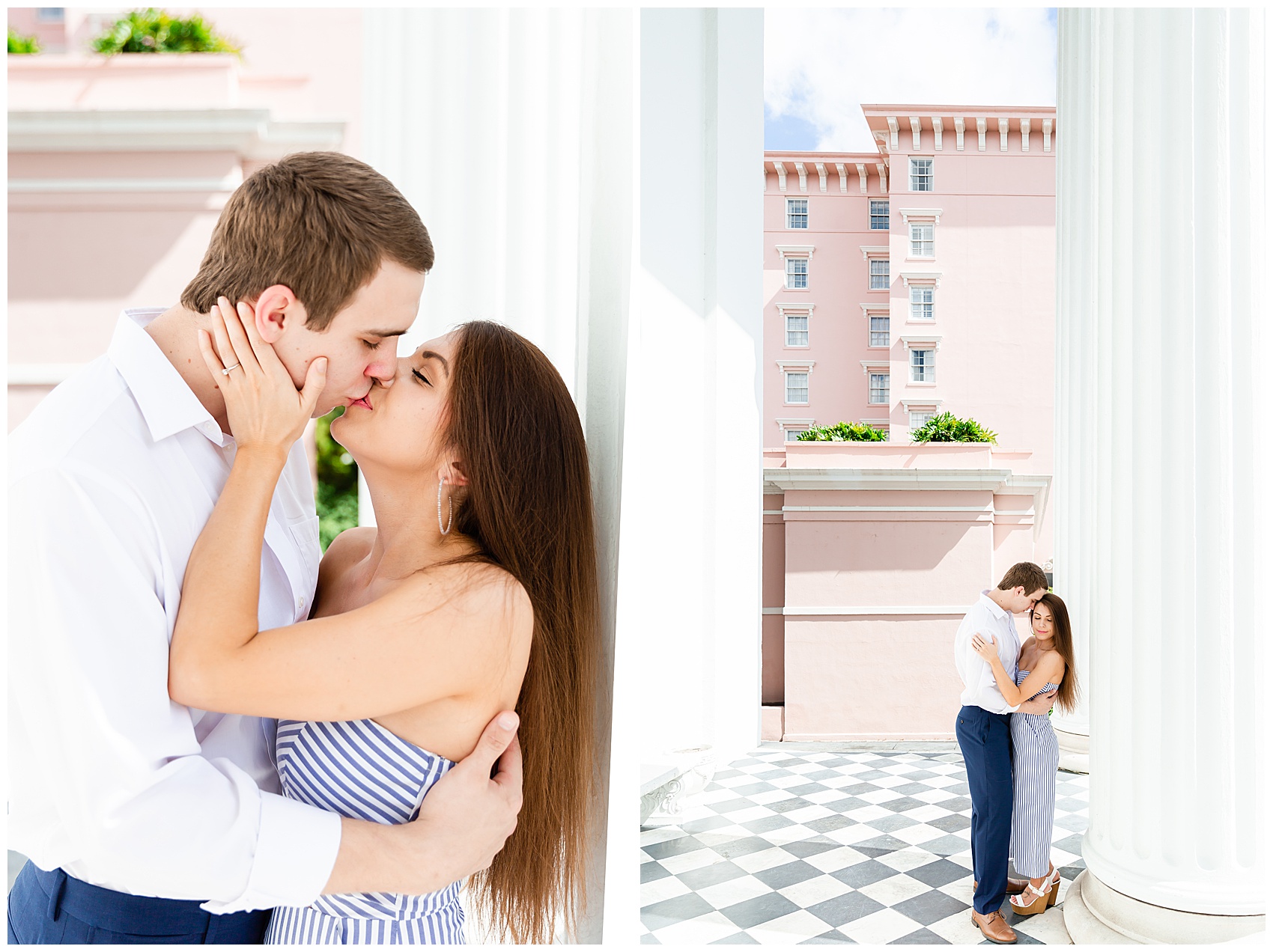 Dreamy engagement photos on a checkered floor 