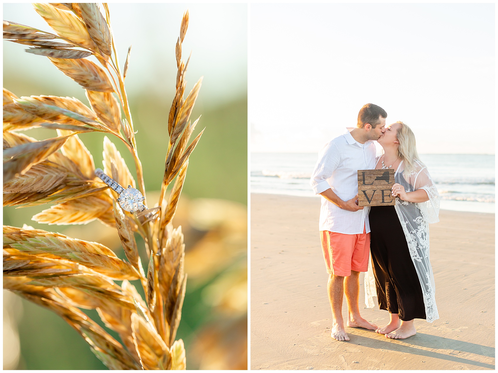 engagement ring and couple on the beach for their engagement session in charleston, sc 