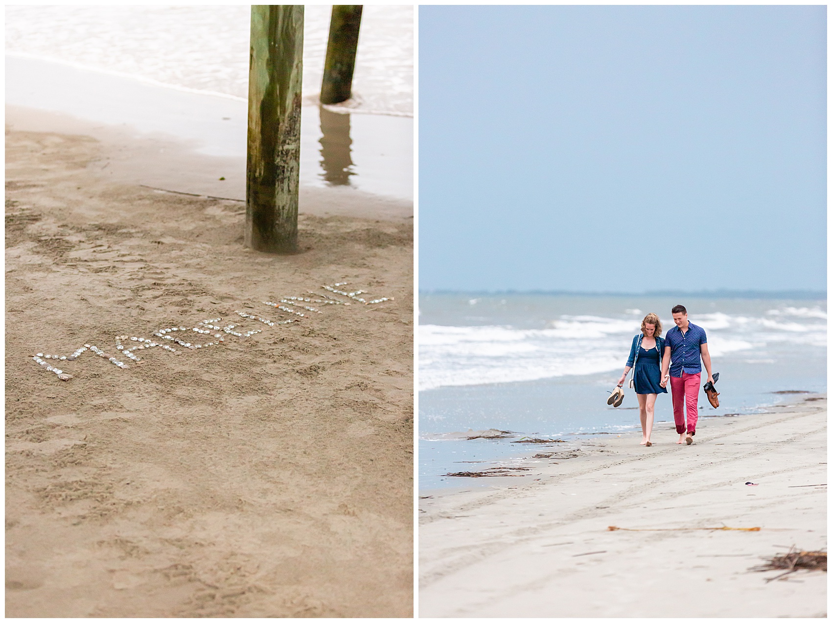 Couple walking down the beach to a name written in the sand for a proposal