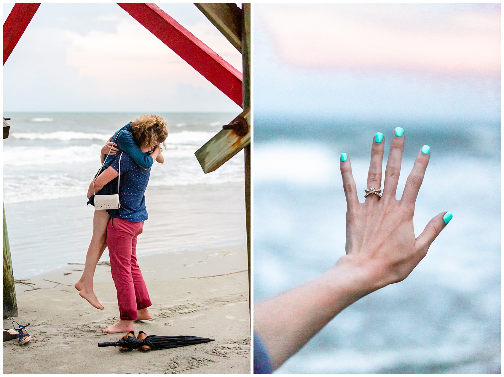 engagement ring, boy proposes to girlfriend on folly beach, sc