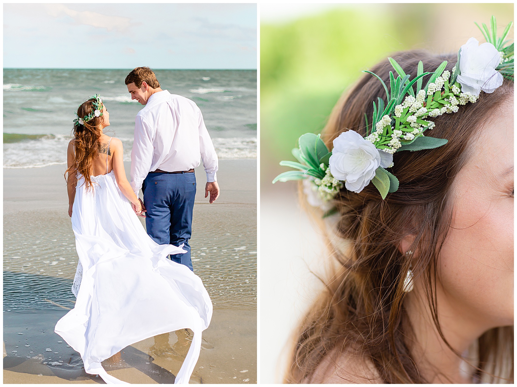 a bride and groom walking down to the ocean water after they are married