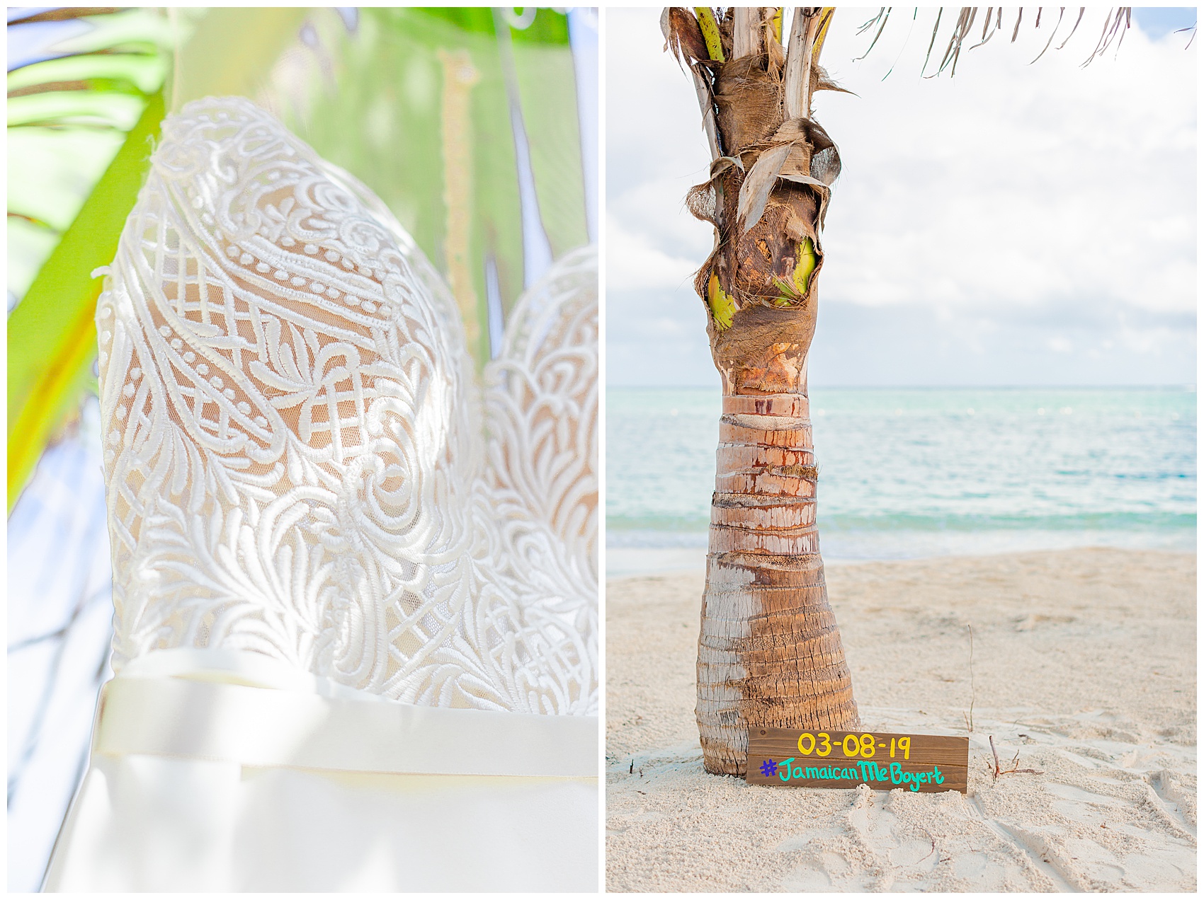 wedding dress details on a palm tree | Destination wedding in Jamaica
