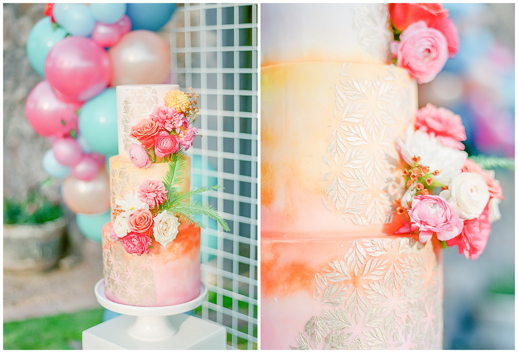 gorgeous, bright and colorful wedding cake with orange, pink and yellow