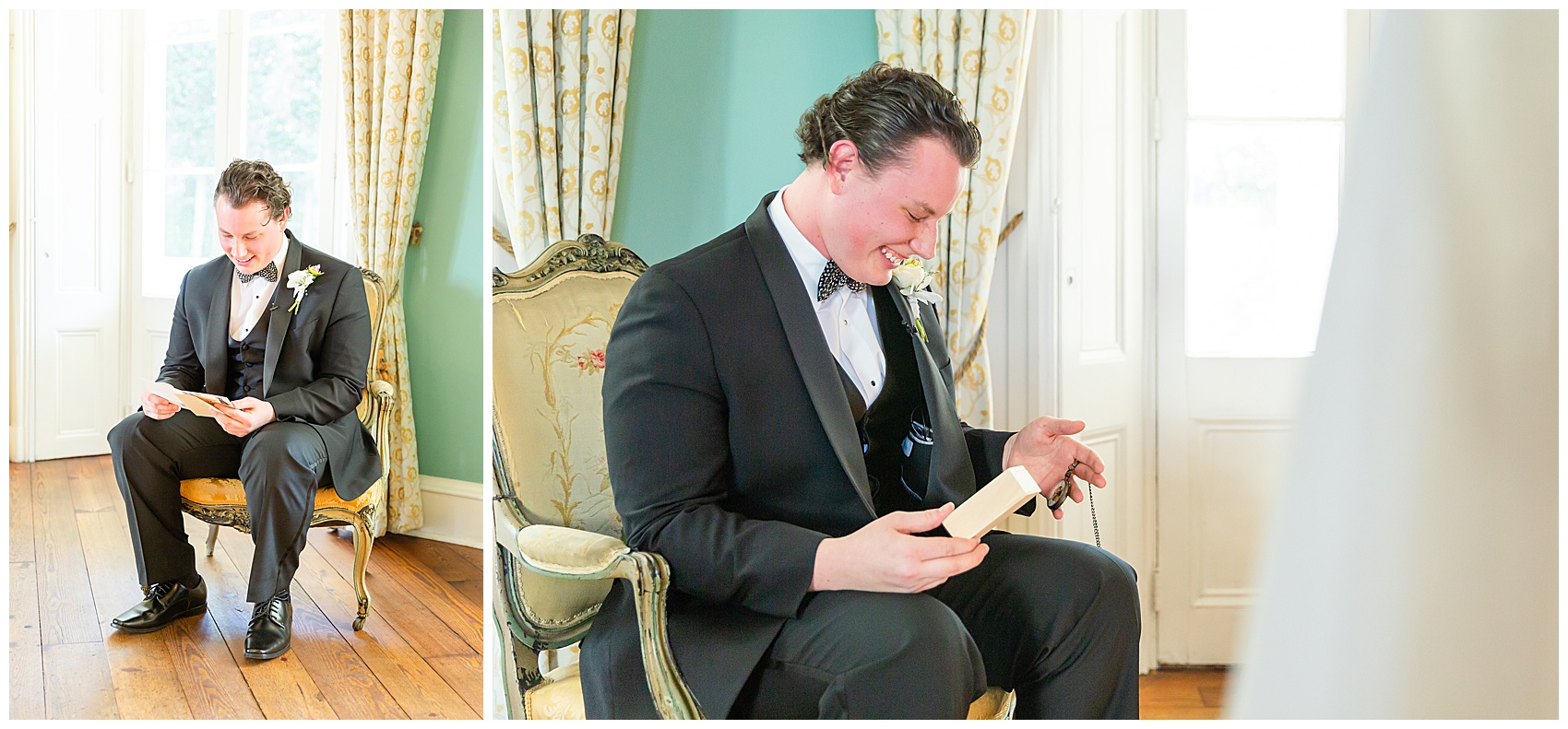 Spring Charleston Wedding at The William Aiken House groom reading letters