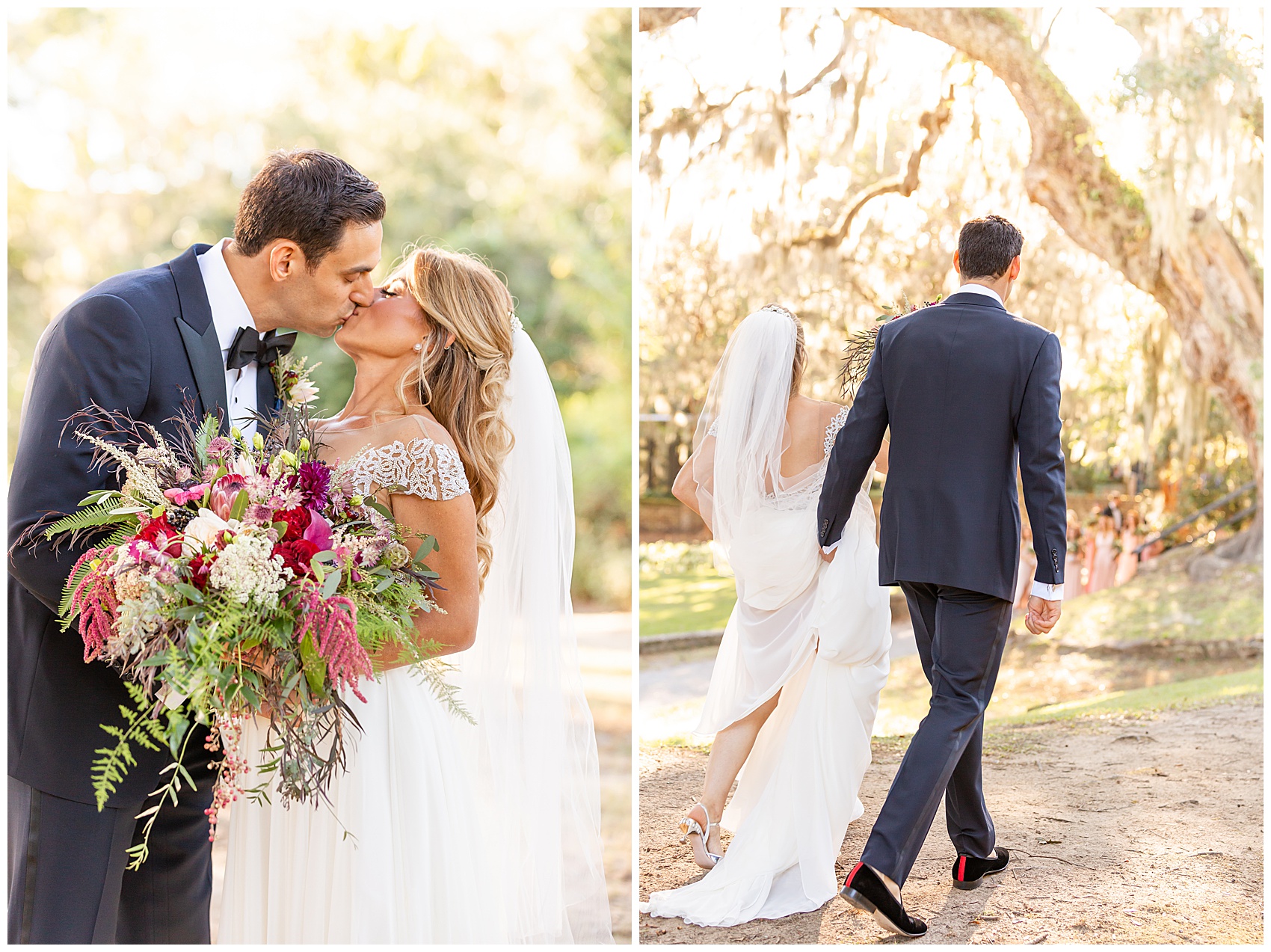 fall wedding at middleton place bride and groom walking to wedding party