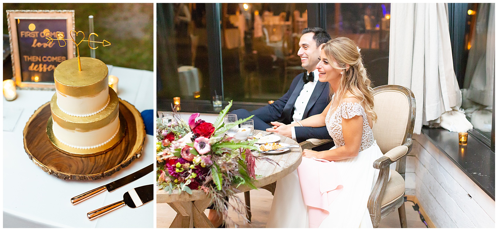 bride and groom share dinner at wedding ceremony with wedding cake