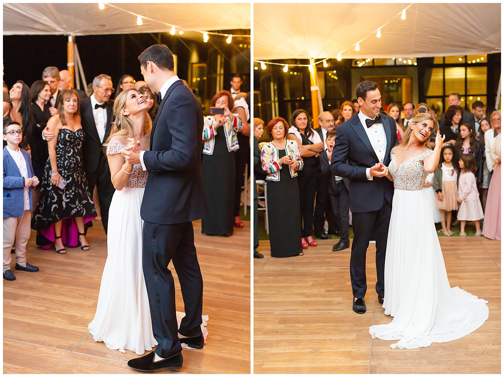 bride and groom share their first dance together