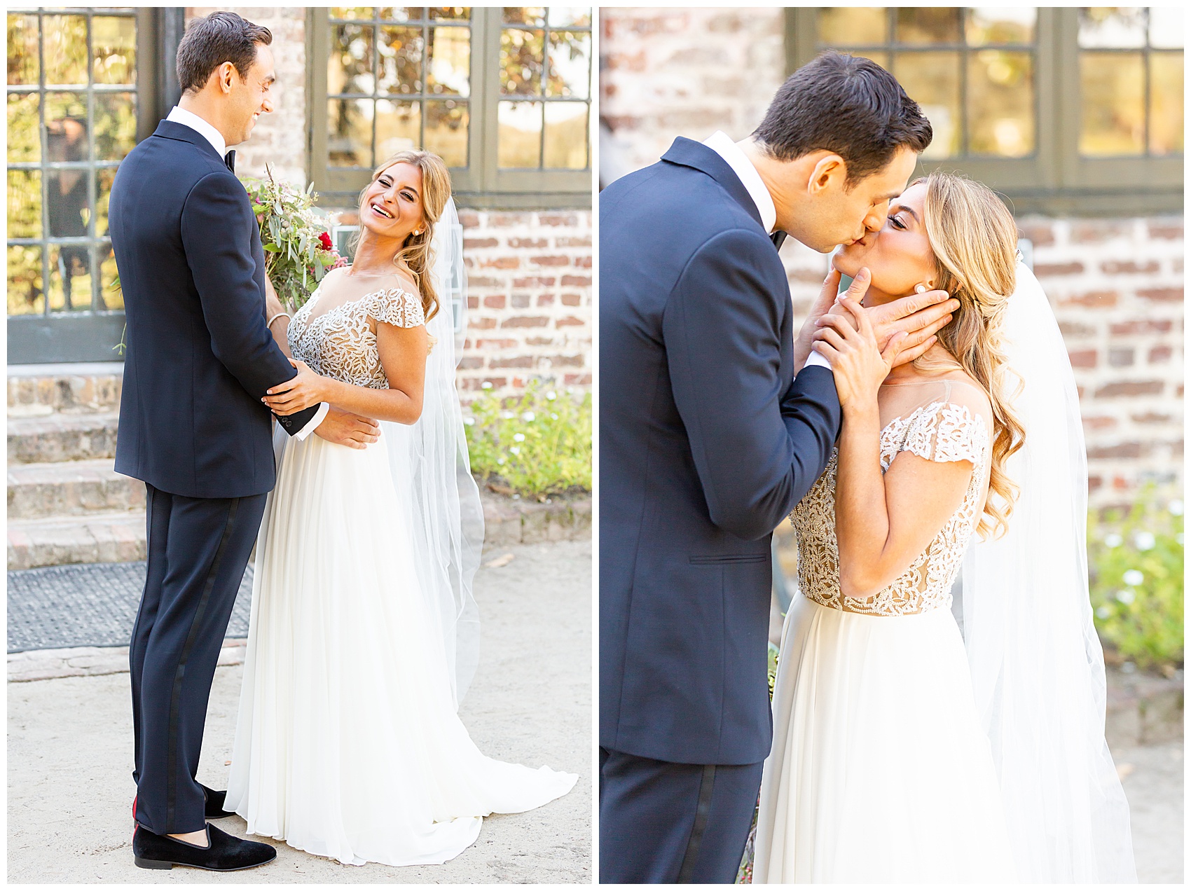 fall wedding at middleton place first look with bride and groom