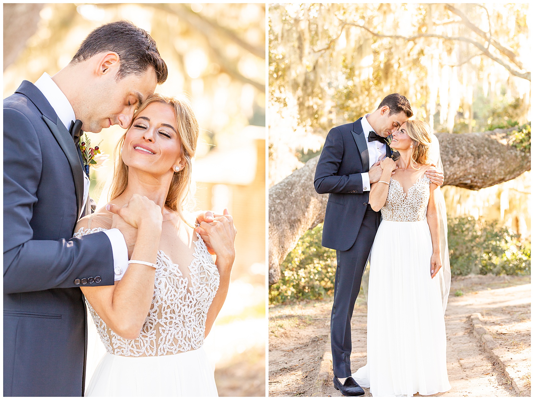 fall wedding at middleton place bride and groom portraits under the oaks