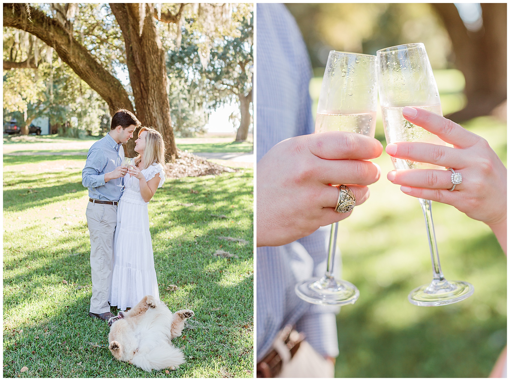 Popping champagne at McClellanville engagement session