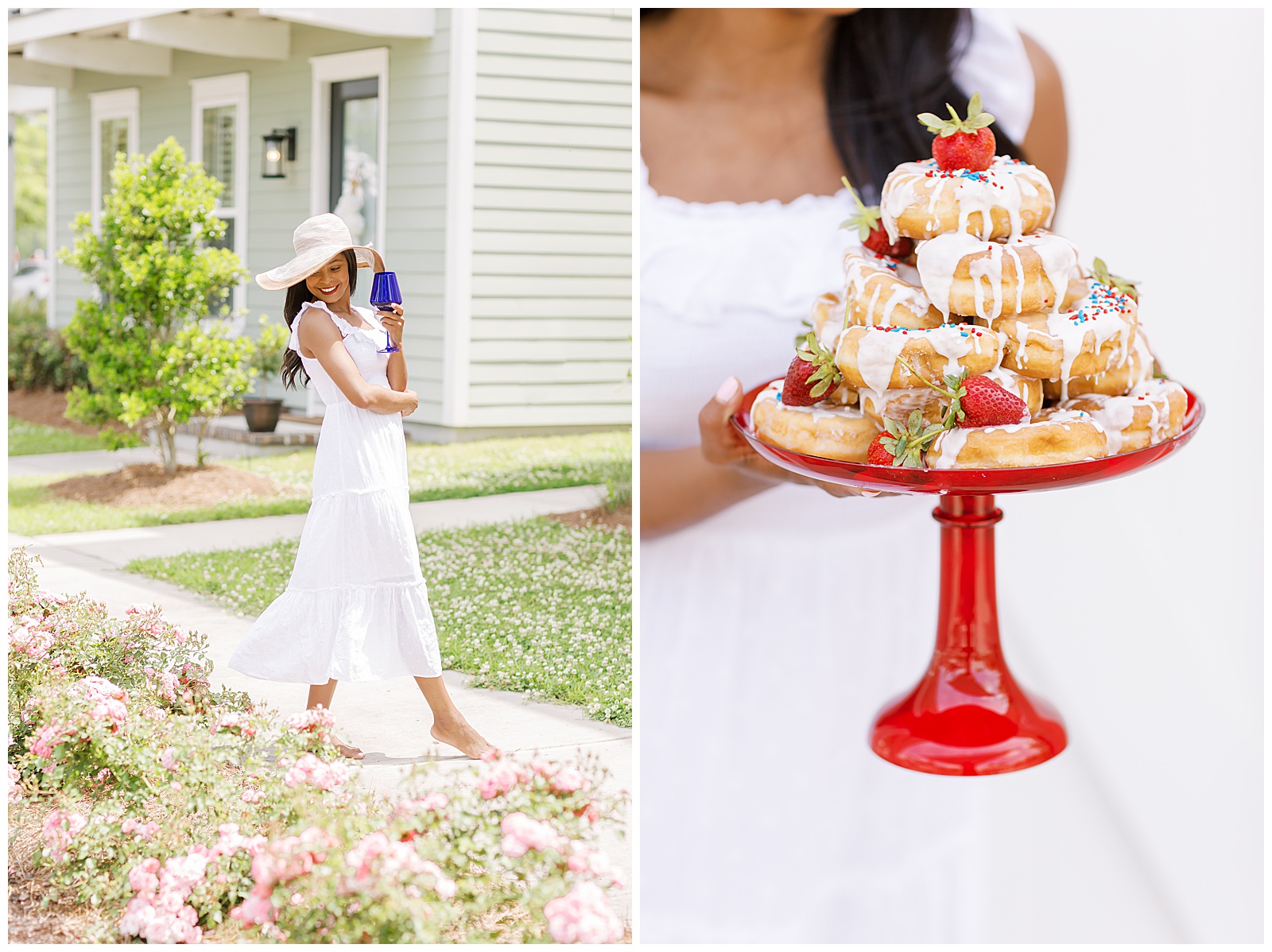 Left Picture - Girl in nature holding a wine glass with a sun hat on.
Right picture - A pile of donuts dripping in frosting on a red cake plate.